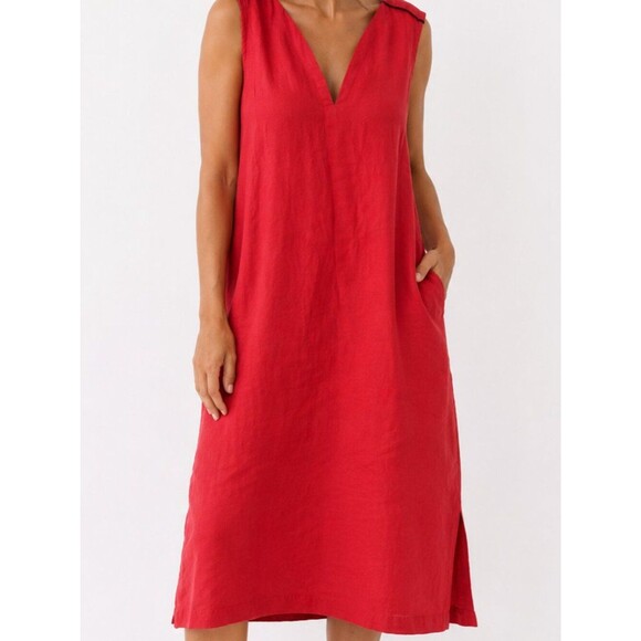 Unbranded Dresses & Skirts - Devernois Coral 100% Linen V-Neck dress with Floral Trim - EU 46